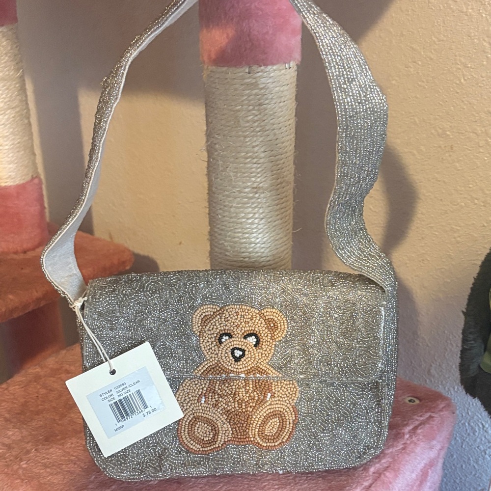 SOL and MER Beaded Baguette Shoulder Bag- silver and teddy bear. NWT.